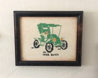 1908 Buick Cross Stitch Wall Decor, Vintage Framed Cross Stitch Art, 1908 Buick Car Stitched Art, Bohemian Eclectic Art