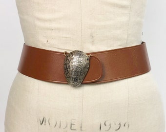 1950s Hieroglyphic Buckle & Leather Belt by Calderon, Mixed Metal Belt Buckle Vintage 50s Belt, Hook Closure Belt, Size 30" Waist