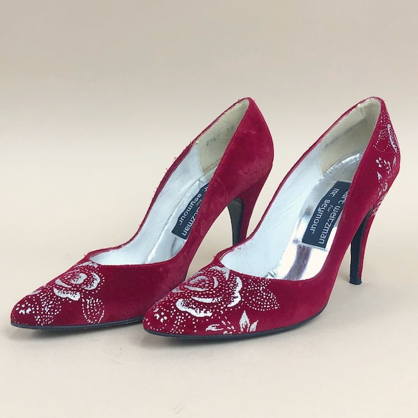 1980s Red Velvet Stuart Weitzman for Mr. Seymour Pumps, 80s Red & Silver Designed Heels, Vintage Stilettos, Size 7.5AA