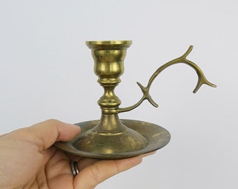 Vintage Small Brass Candlestick Holder with Finger Holder, Home Decor, Bohemian Design Style, Academia Decor, Vintage Brass