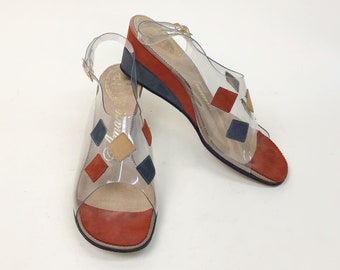 1960s Amano Vinyl Suede Patches Wedge Sandals, Vintage Amano Carefree Last Shoes, 1960s 60s, Mid Century, Size 7.5N