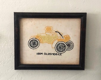 1904 Oldsmobile Cross Stitch Wall Decor, Vintage Framed Cross Stitch Art, 1904 Oldsmobile Car Stitched Art, Bohemian Eclectic Art