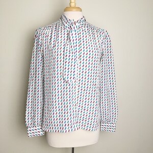 1980s Evan Picone Geometric Tie Neck Long Sleeve Blouse, Geometric Print, Minimalist Mod Secretary, Size Medium