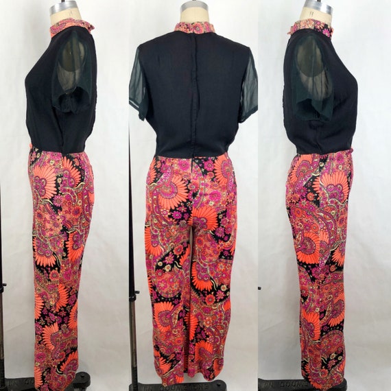 1960s Mock Neck Paisley Print Jumpsuit, 60s Two T… - image 3