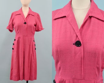 1940s Pink Monty James Wool Dress, WW2 Era Dress, 40s Everyday Dress, Size Medium