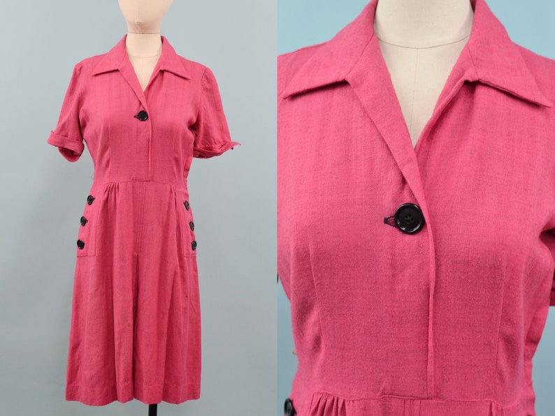 1940s Pink Monty James Wool Dress, WW2 Era Dress, 40s Everyday Dress, Size Medium image 1