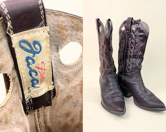 1980s Plum Leather Jaca Boots, Vintage Western Jaca Boots, Line Stitching, Western Southwestern, Size Mens 11.5