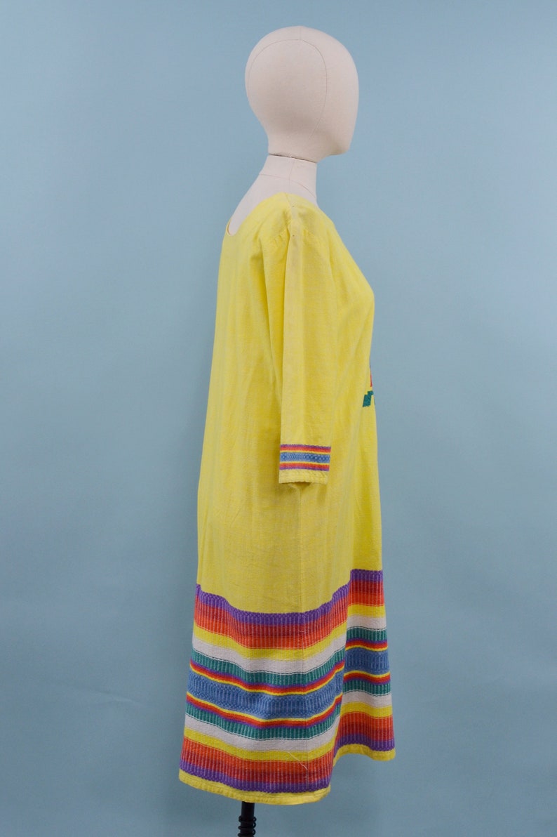 70s/80s Yellow Rainbow Guatemalan Embroidered Dress, Latin Maxi Dress, M/L image 6