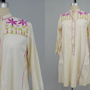 Vintage 1970s Josefa Cream Embroidered Mini Dress, 70s Embroidered Josefa Diseños, Vibrant Mexican Dress, Folk Style, Size Medium