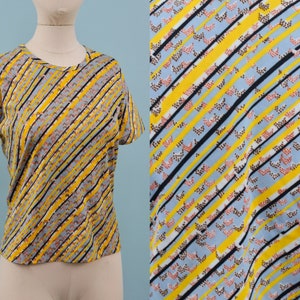 1970s Yellow & Gray Polyester Shirt, Vintage Geometric Design, Bohemian Hippie, Size Sm/Med image 1