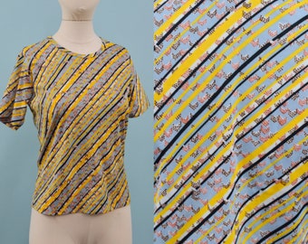 1970s Yellow & Gray Polyester Shirt, Vintage Geometric Design, Bohemian Hippie, Size Sm/Med