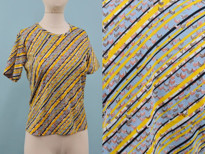 1970s Yellow & Gray Polyester Shirt, Vintage Geometric Design, Bohemian Hippie, Size Sm/Med zdjęcie 1