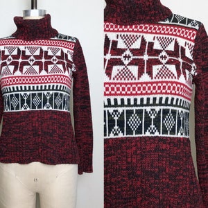 1970s Dark Red Space Dyed Turtleneck Sweater, 70s Pullover Sweater, Size Small