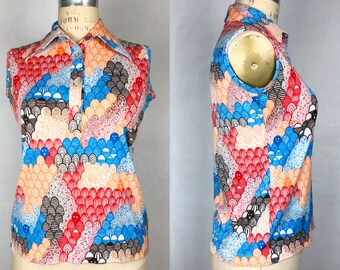 1970s Psychedelic Print Polyester Blouse, 70s  Button Down, Vintage Hippie Psychedelic, Boho, Size Sm/Med