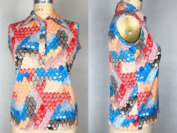 1970s Psychedelic Print Polyester Blouse, 70s  Bu… - image 1