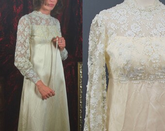 Vintage 1960s Ivory Lace and Satin Dress, Vintage Bridal, Vintage Evening Wear, 60s Mod Bridal Dress, Size XS/S