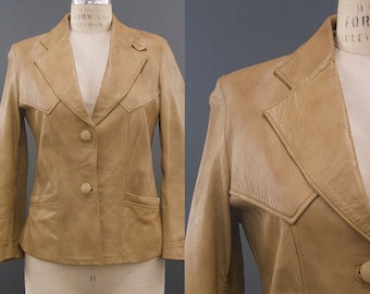 Vintage 1970s Beige Mexican Leather Jacket, Vintage Western Wear, 70s Leather, Vintage Outerwear, Size Small