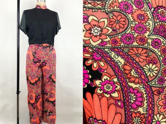 1960s Mock Neck Paisley Print Jumpsuit, 60s Two T… - image 1