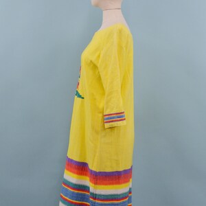 70s/80s Yellow Rainbow Guatemalan Embroidered Dress, Latin Maxi Dress, M/L image 4