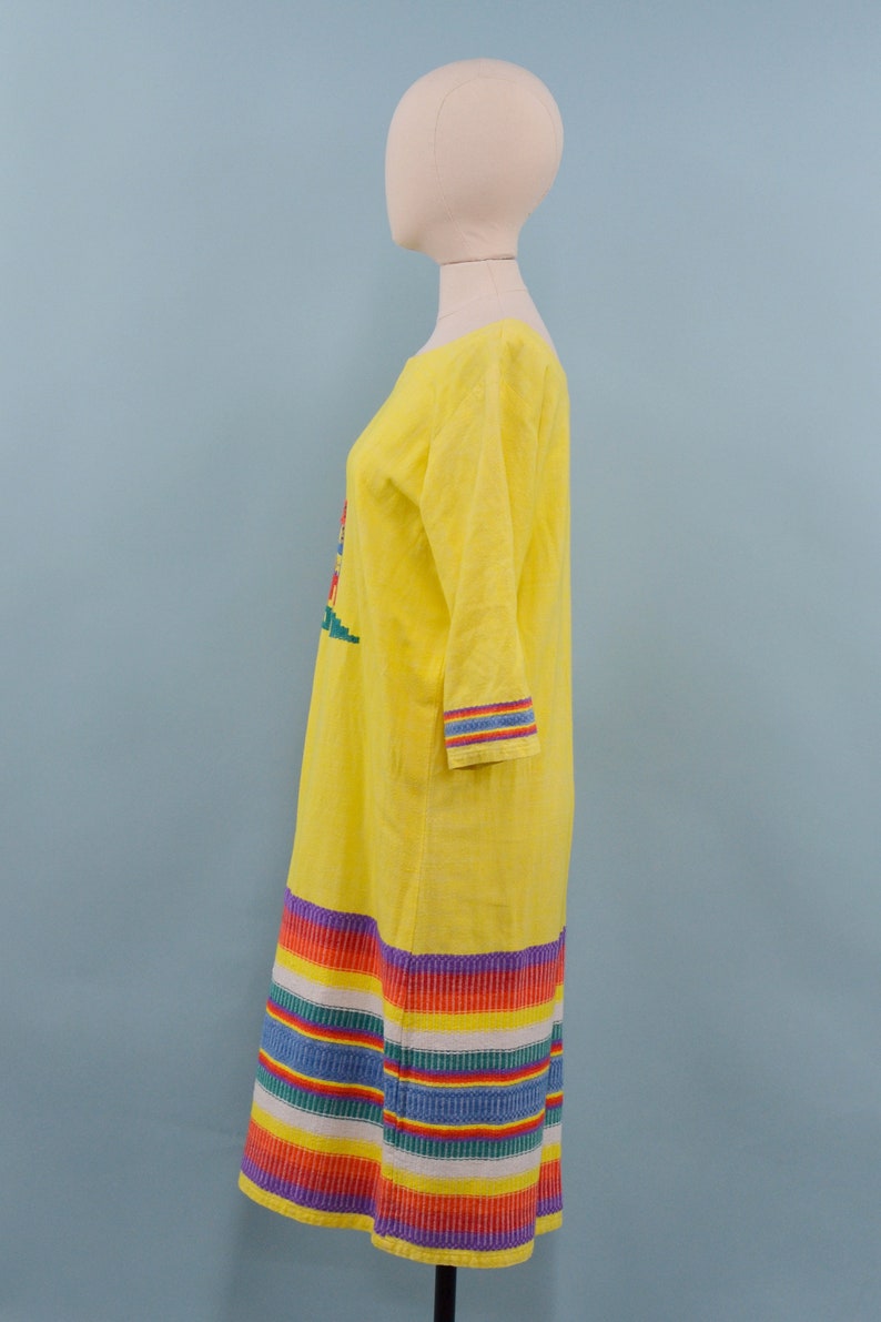 70s/80s Yellow Rainbow Guatemalan Embroidered Dress, Latin Maxi Dress, M/L image 4