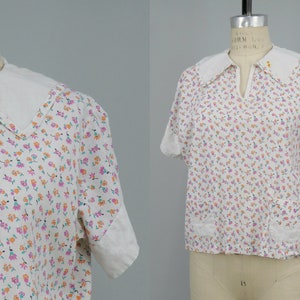 Vintage 1940s Floral Cotton Blouse, Vintage 40s Top, 40s Everyday Wear, 60s Mid Century, Size M/L image 1