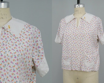 Vintage 1940s Floral Cotton Blouse, Vintage 40s Top, 40s Everyday Wear, 60s Mid Century, Size M/L