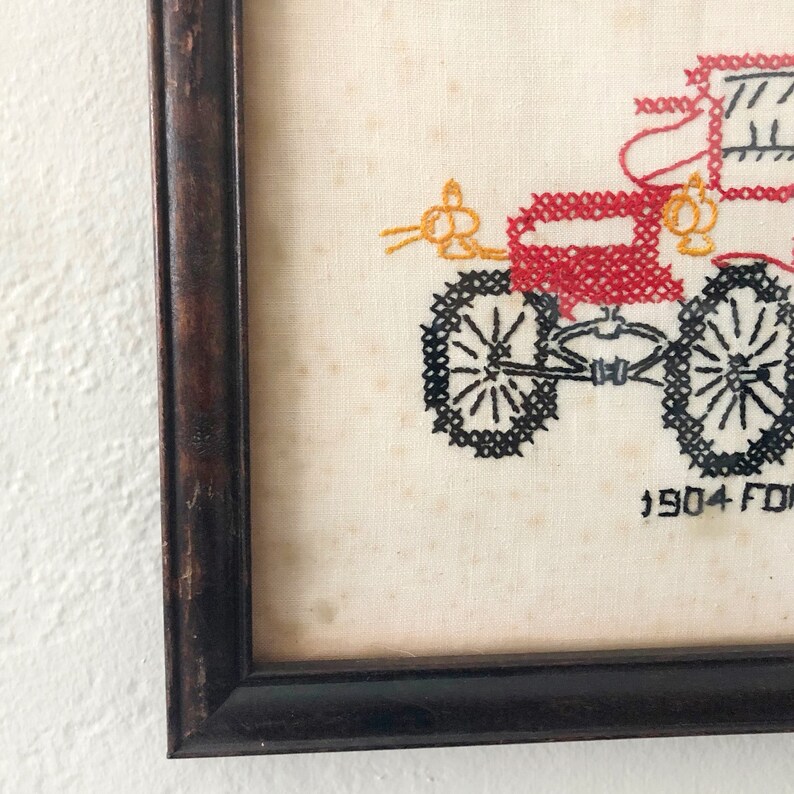 1904 Ford Cross Stitch Wall Decor, Vintage Framed Cross Stitch Art, 1904 Ford Car Stitched Art, Bohemian Eclectic Art image 4