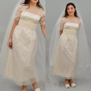 1980s Does 1950s Soft Ivory Tea Length Puff Sleeve Wedding Dress, Elopement Dress, Vintage Formal Wear, 1980s Wedding, Size Small