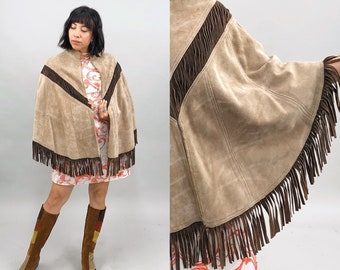 1970s Two Tone Suede Fringe Poncho, 70s Cape Poncho Express, Hippie, Boho, Psychedelic, One Size Fits Most