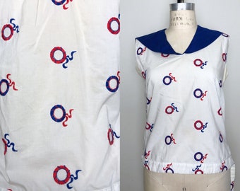 1950s Blue Sailor Embroidered Blouse, 1950s 50s, Pin Up Rockabilly, Size Medium Sold As Is