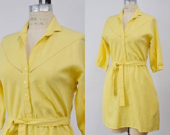 1950s David Warren Pale Yellow Day Dress, 50s Cotton Dress, Vintage Batwing Sleeves, Mid Century Mod, Size Sm/Med