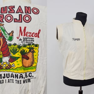 60s/70s Tijuana Mezcal Gusano Rojo Cotton Vest Jacket, 60s Feed Sack Material, Vintage Ideal Nylon Zipper, Mens Medium image 1