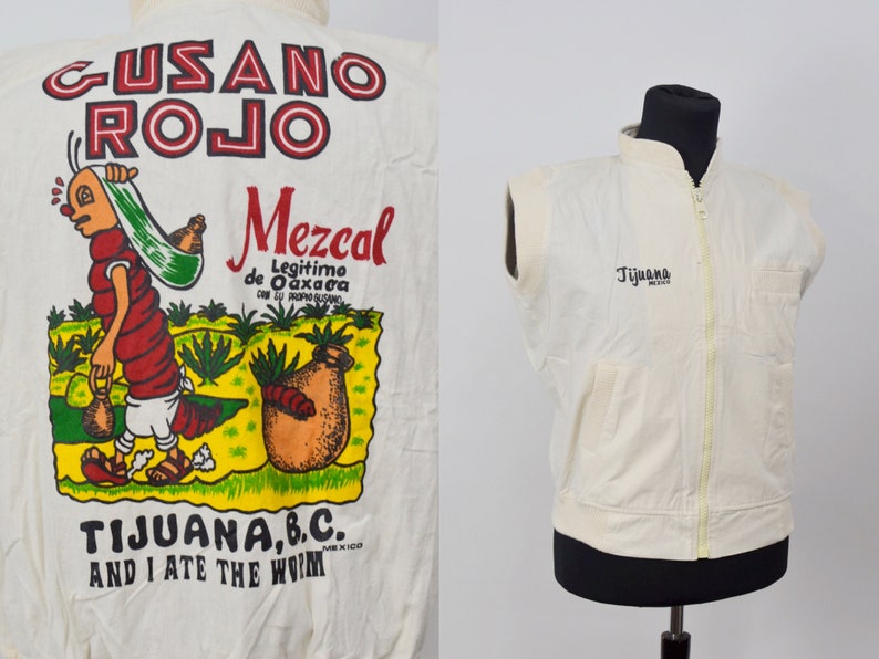 60s/70s Tijuana Mezcal Gusano Rojo Cotton Vest Jacket, 60s Feed Sack Material, Vintage Ideal Nylon Zipper, Mens Medium image 1