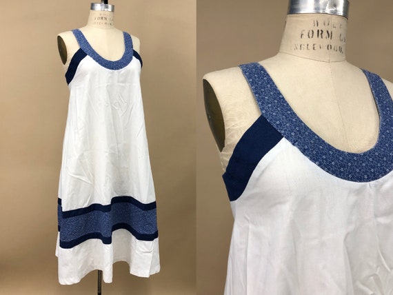 Vintage 1970s White & Blue Cotton Summer Dress, L… - image 1