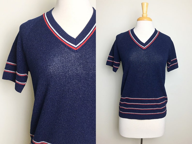Sz Medium Vintage 1950s Blue V-Neck Blouse with Stripe Designs Mod Rockabilly Minimalist 1950s 50s Secretary
