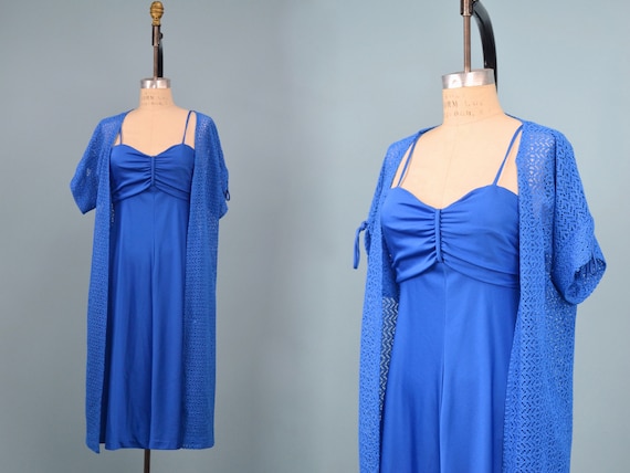 Vintage Late 70s Montgomery Ward Cobalt Blue Dress Set, Early 80s Disco Dress Set, Vintage Crochet Cover, Boho Hippie, Size Small/medium