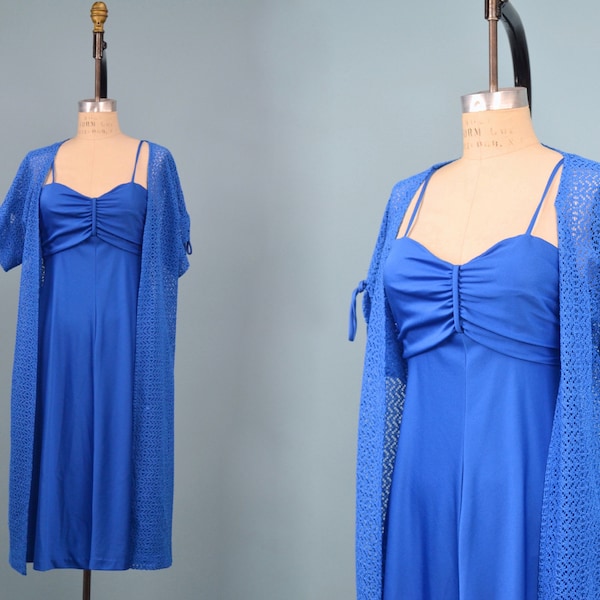 Vintage Late 70s Montgomery Ward Cobalt Blue Dress Set, Early 80s Disco Dress Set, Vintage Crochet Cover, Boho Hippie, Size Small/Medium