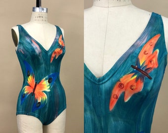 1950s Jantzen International Watercolor Swimsuit, Imported From Italy, One Piece Swimsuit, Butterfly Design, Size Medium, 40" Bust