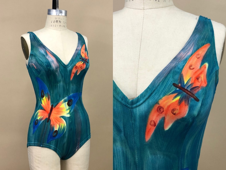 1950s Jantzen International Watercolor Swimsuit, Imported From Italy, One Piece Swimsuit, Butterfly Design, Size Medium, 40 Bust image 1