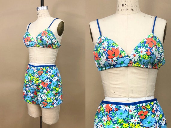 1960s Sea Waves Brand Floral Print Two Piece Swimsuit, 60s