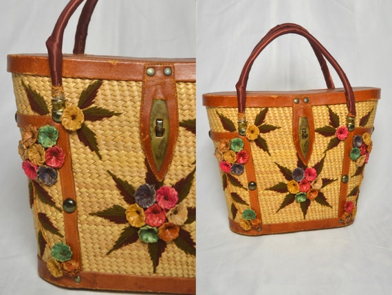 Vintage 1950s Floral Wicker and Leather Hand Bag,