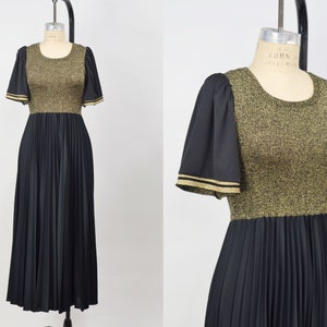 1970s Black & Gold Lurex Pleated Maxi Dress, 70s Maxi Dress, Disco Groovy, Size Small/Medium