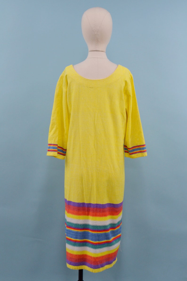 70s/80s Yellow Rainbow Guatemalan Embroidered Dress, Latin Maxi Dress, M/L image 5