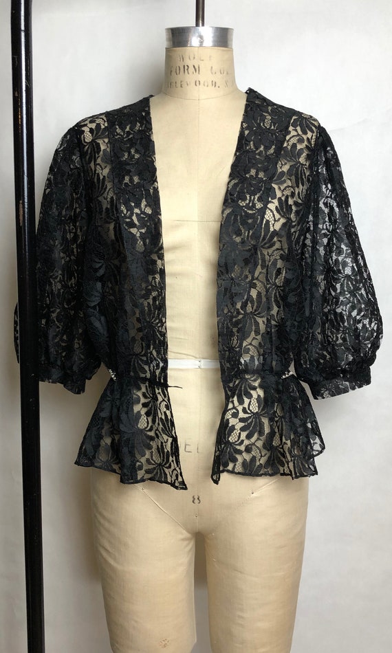 1980s Black Lace Blouse, Vintage Puff Sleeve, Vin… - image 3