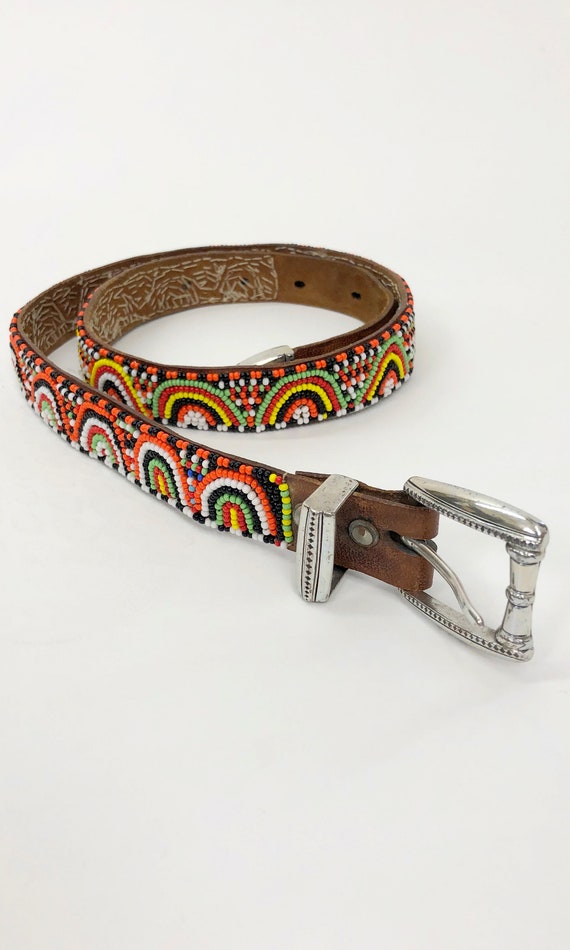 1970s Hand Beaded Leather Belt With Silver Tips, Vintage  display picture 1