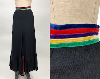 1970s Caroline Charles Black and Multi Color Ribbon Skirt, Chiffon Maxi Skirt, 70s Lord & Taylor, Made in England, Size X-Small