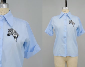 Vintage 1970s Zebra Embroidered Shirt, Vintage 70s Button Down, Dog Eared Collar, Vintage Embroidery, Boho Hippie, Size Medium