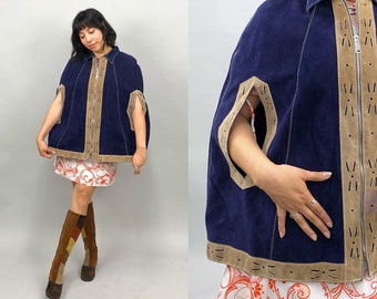 1960s Suede Zip Up Poncho, 60s 70s Suede Two Tone Cape, Festival, Hippie, Boho, Psychedelic, One Size