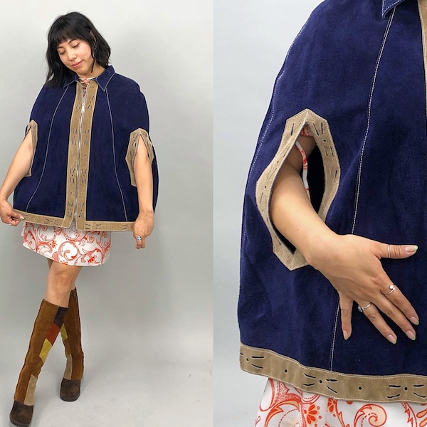1960s Suede Zip Up Poncho, 60s 70s Suede Two Tone Cape, Festival, Hippie, Boho, Psychedelic, One Size
