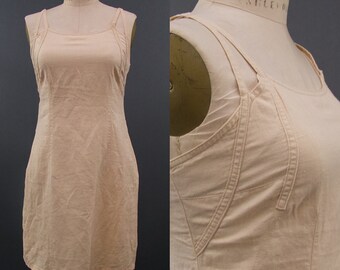 Beige Colins Sportswear Dress, Vintage 1990s Cotton Linen Dress, Linen Mini Dress, 1990s 90s, Size Sm/Med